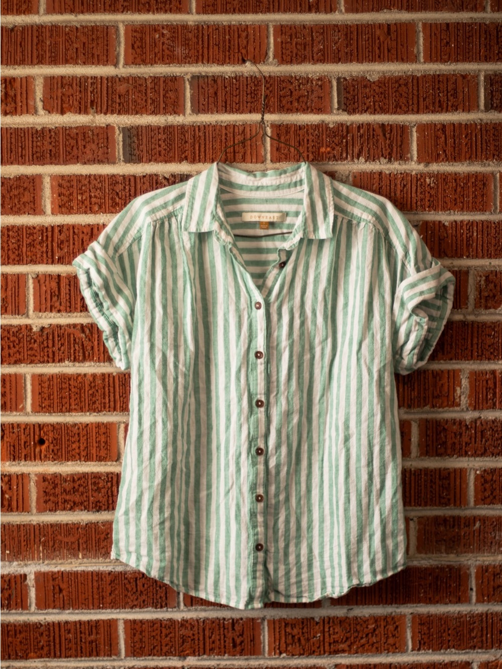 Women's Size S Linen DownEast Mint Green and White Striped Shirt